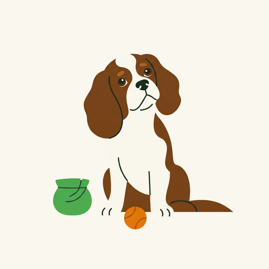 Illustration of a Cavalier King Charles Spaniel with a treat pouch and ball